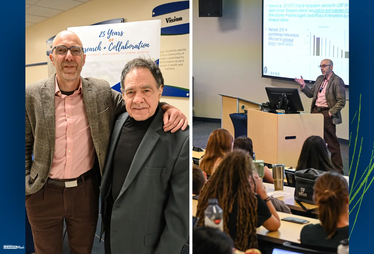 Drs. Norman Kettner and Vitaly Napadow standing together at the 18th Annual Howe Oration. The second photo shows a Dr. Napadow presenting research data on a large screen to an audience seated in a lecture hall at Logan University.