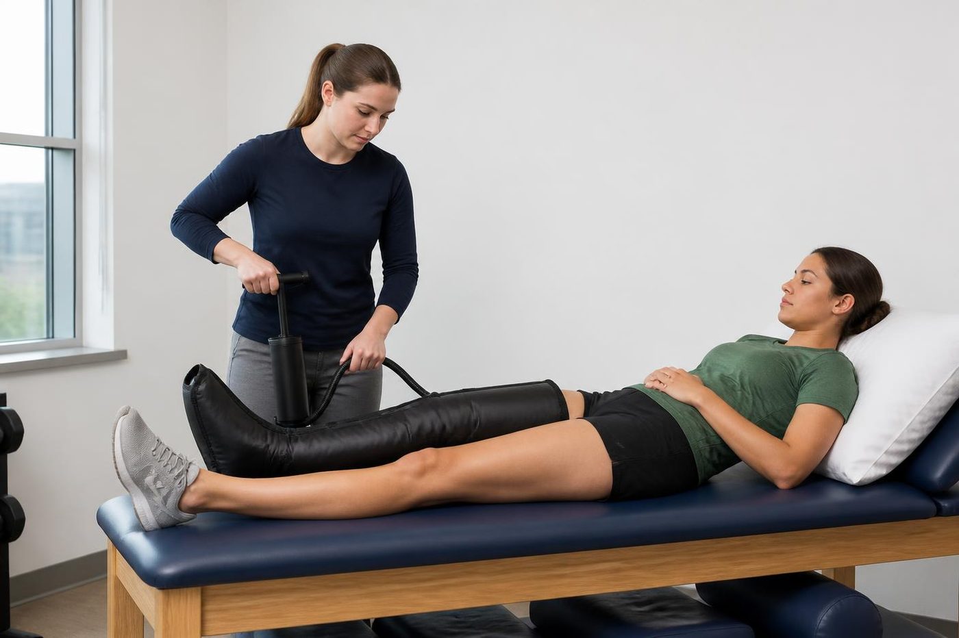 Logan clinician fits a compression therapy boot for a patient resting on a treatment table.