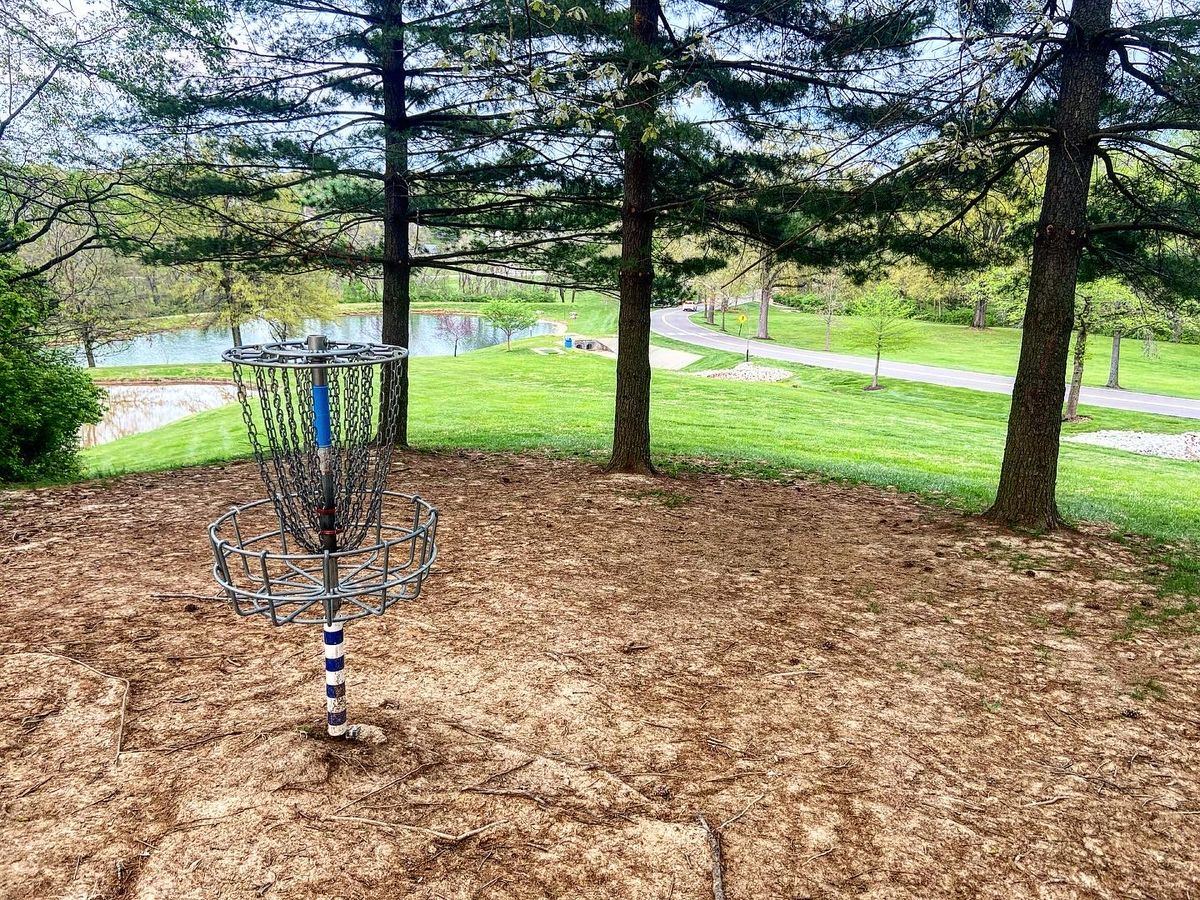 Disc golf basket beside the lake on Logan University's campus course