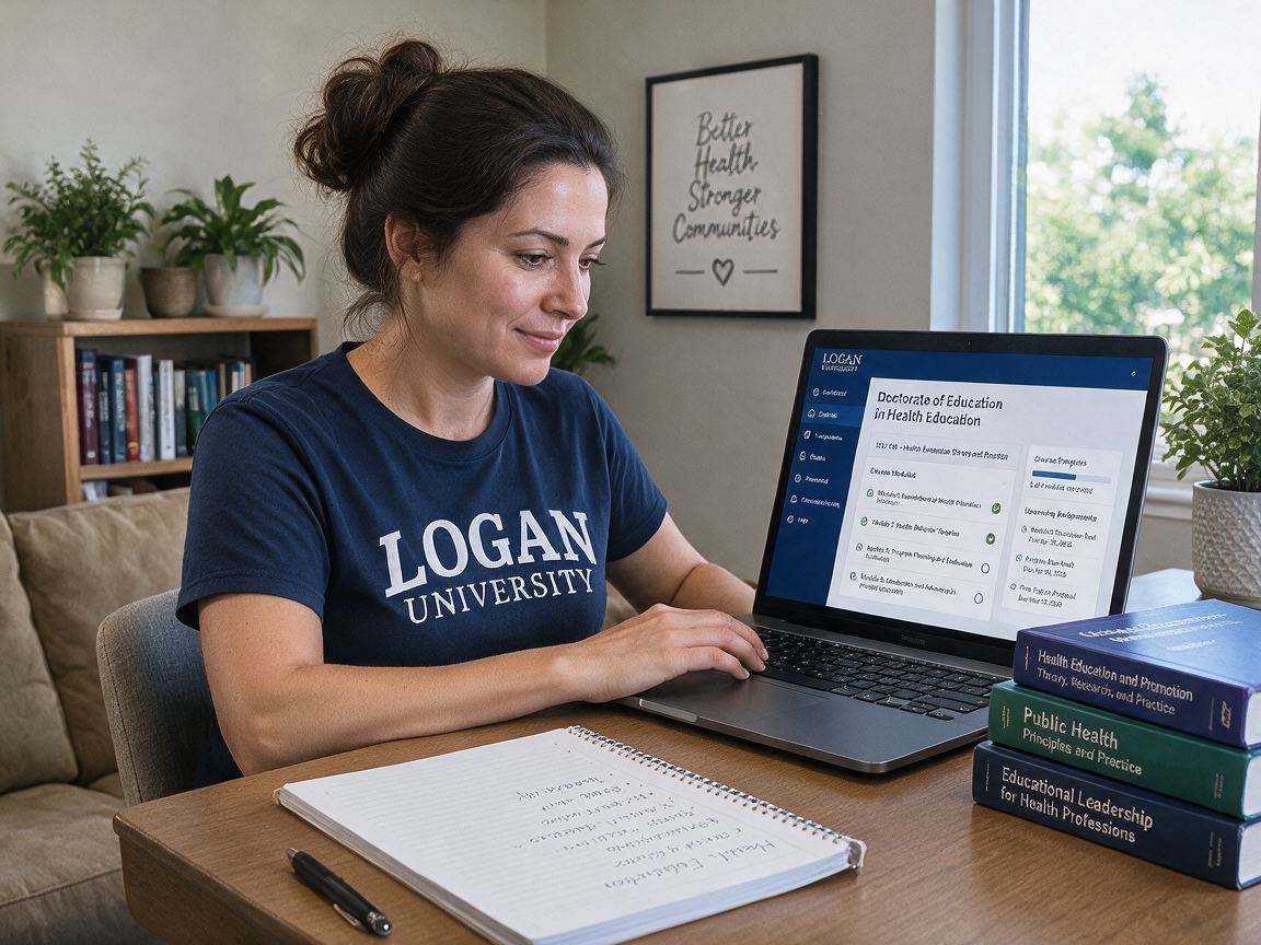 Logan University EdD student studying her health professions education coursework on a laptop at home