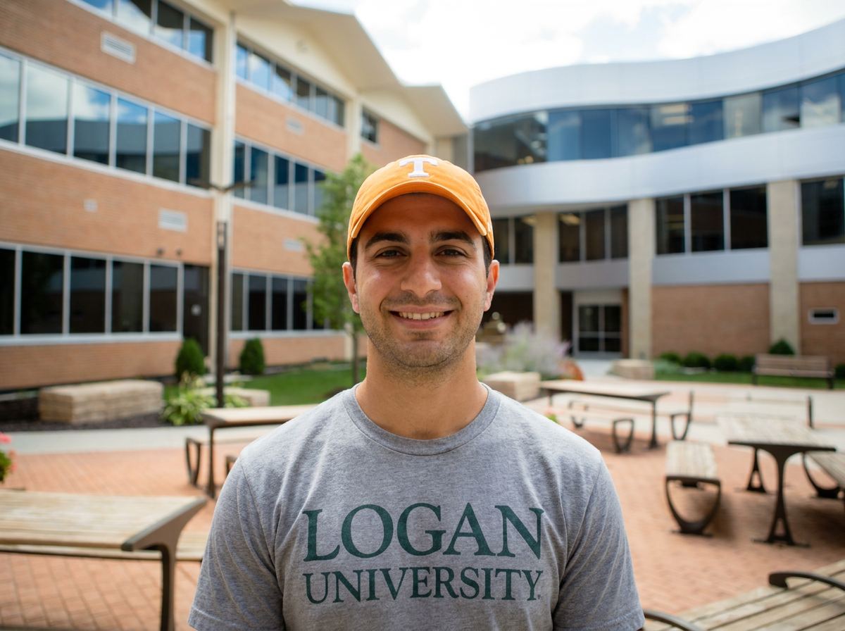 A Logan University student smiling in the campus courtyard