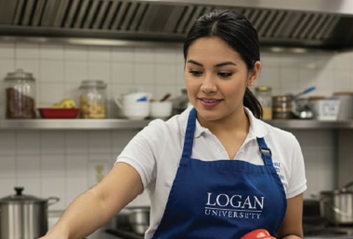 A Logan nutrition student selecting fresh vegetables in the teaching kitchen