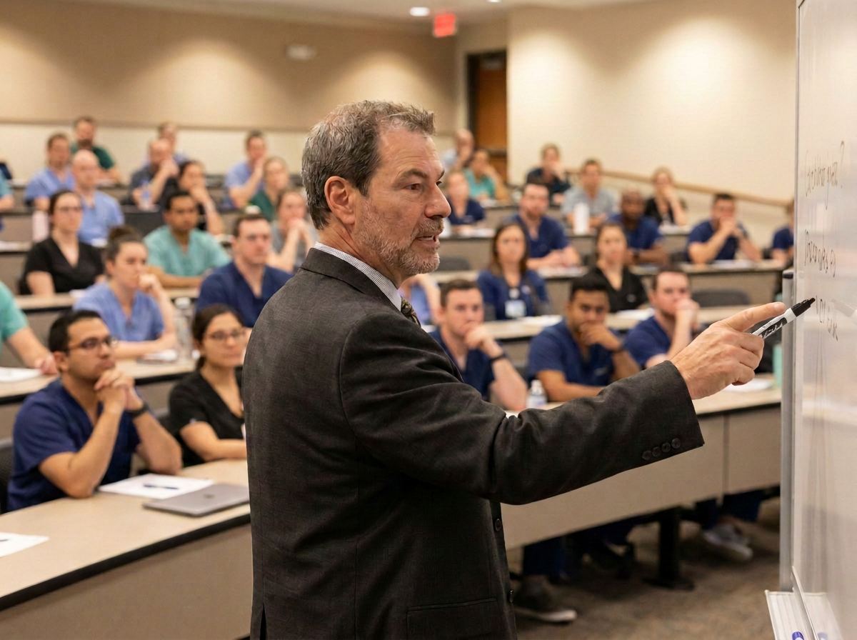 A faculty member teaching at a whiteboard in front of a full Logan University classroom