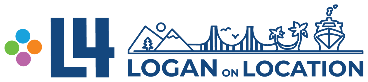 Logan on Location L4 logo with a skyline of mountains, a bridge, palm trees and a cruise ship