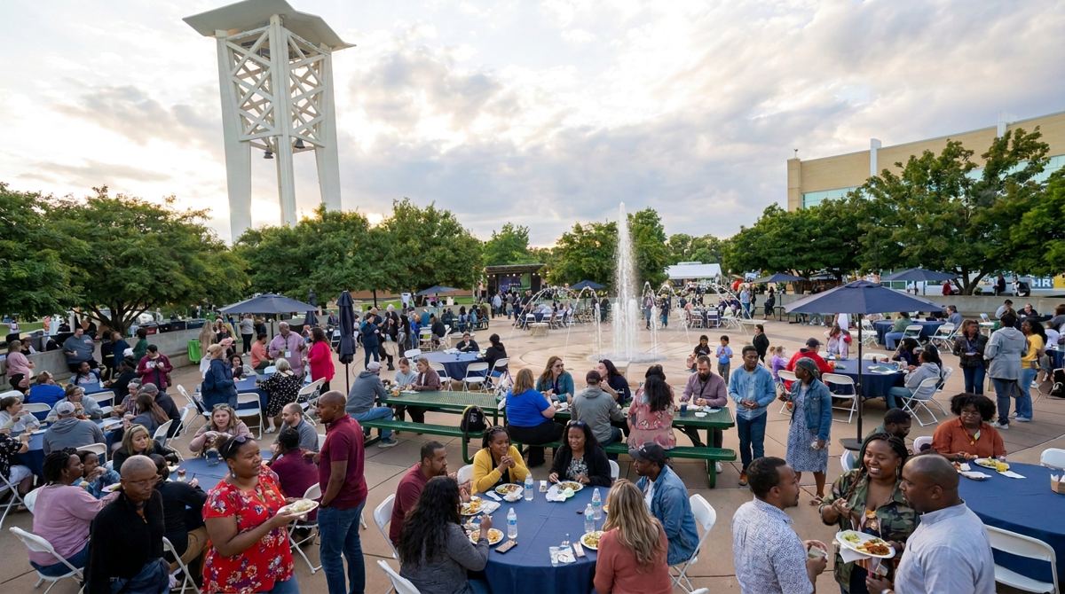 Guests dining on the plaza beside the Dr. Douglas M. and Jayne Cox Fountain