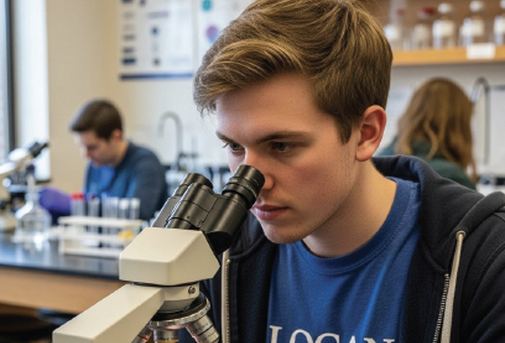 A Logan University student looking through a microscope in a biology lab