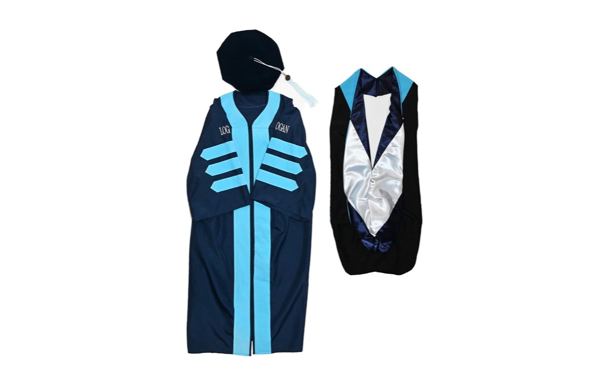 DHPE and Ed.D. regalia laid flat: cap and tassel, gown and hood