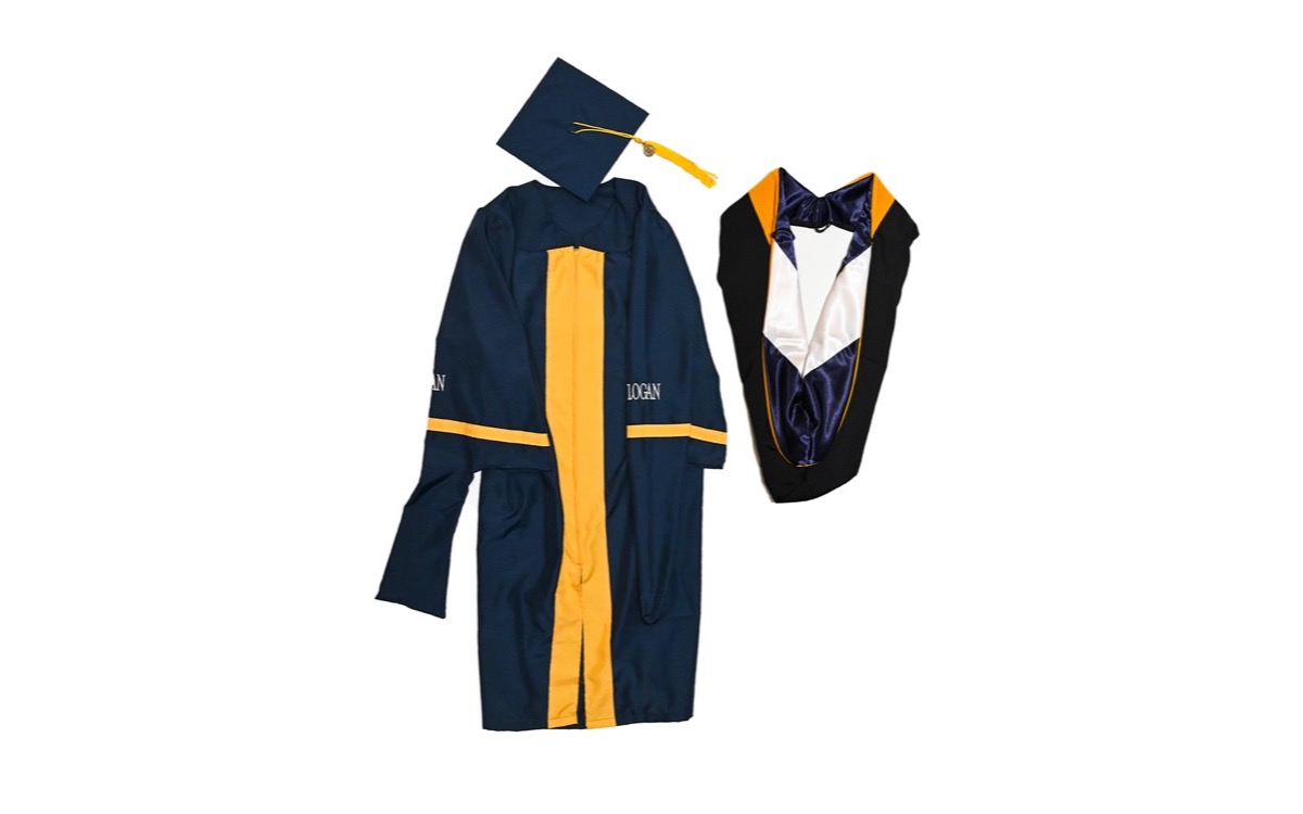 Master's regalia laid flat: cap and tassel, gown and hood