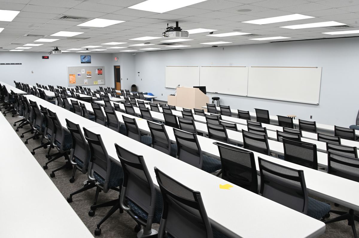 Classroom 142A looking up the tiered seating from the back