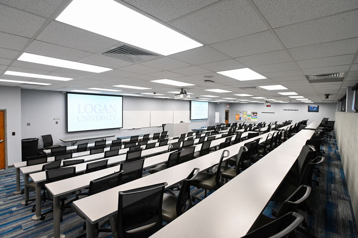 Classroom 156A looking down the tiered seating from the back left