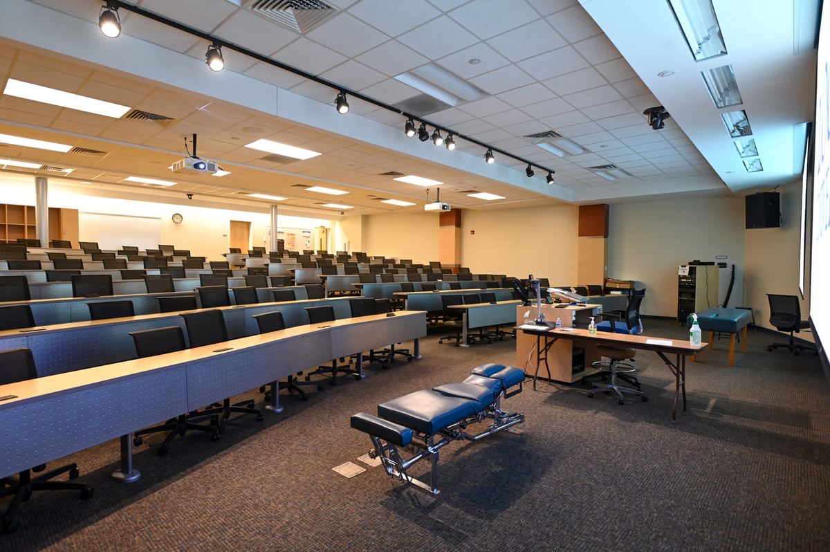 Classroom G134 in stadium seating, viewed from the front left