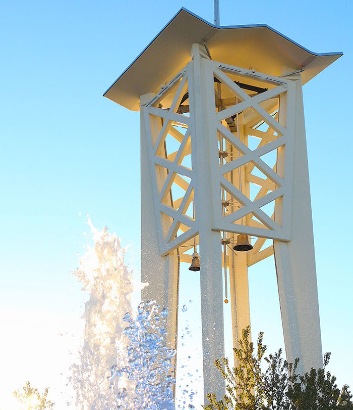 Shot of fountain and Tower on Logan's campus.