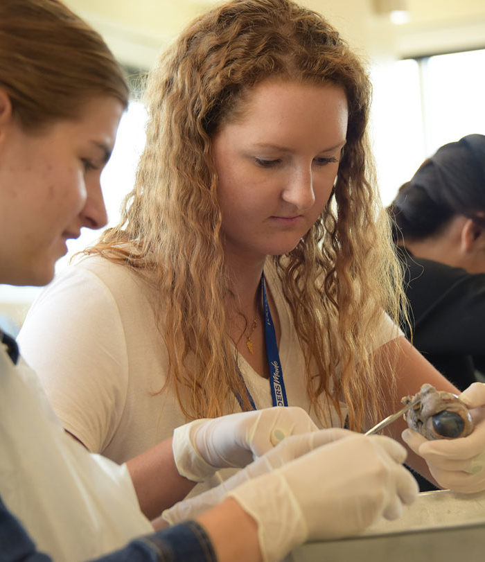 Two female students working at ACES camp.
