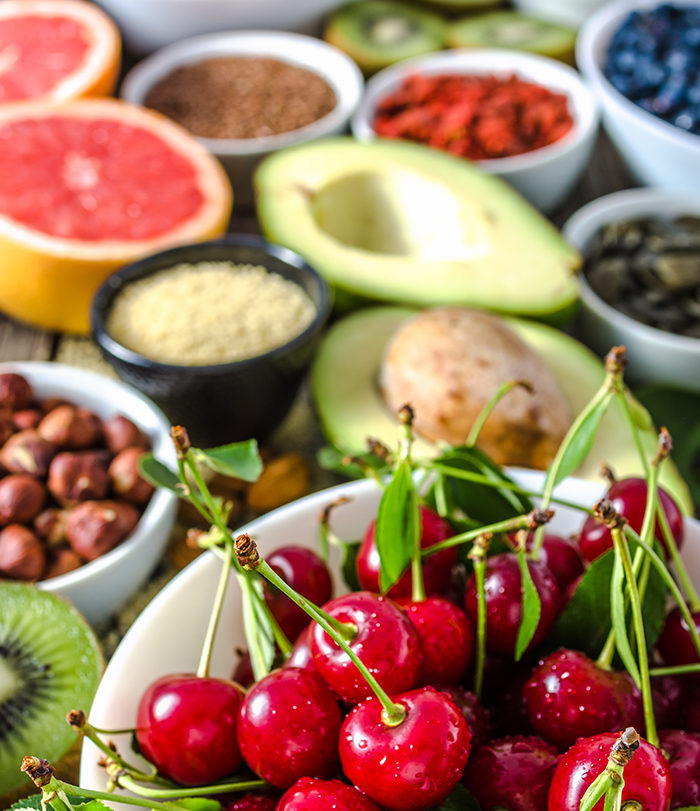 Healthy food laid out on a table.